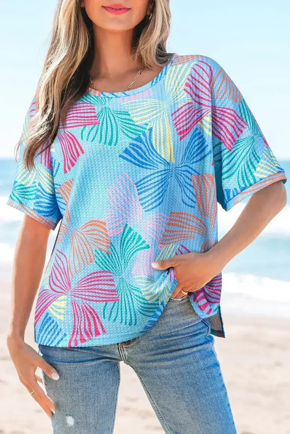 Sky Blue Bowknot Print Waffle Loose Tee - Femstylo
