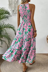 Pink Floral Shirred High Waist Tiered Halter Dress - Femstylo