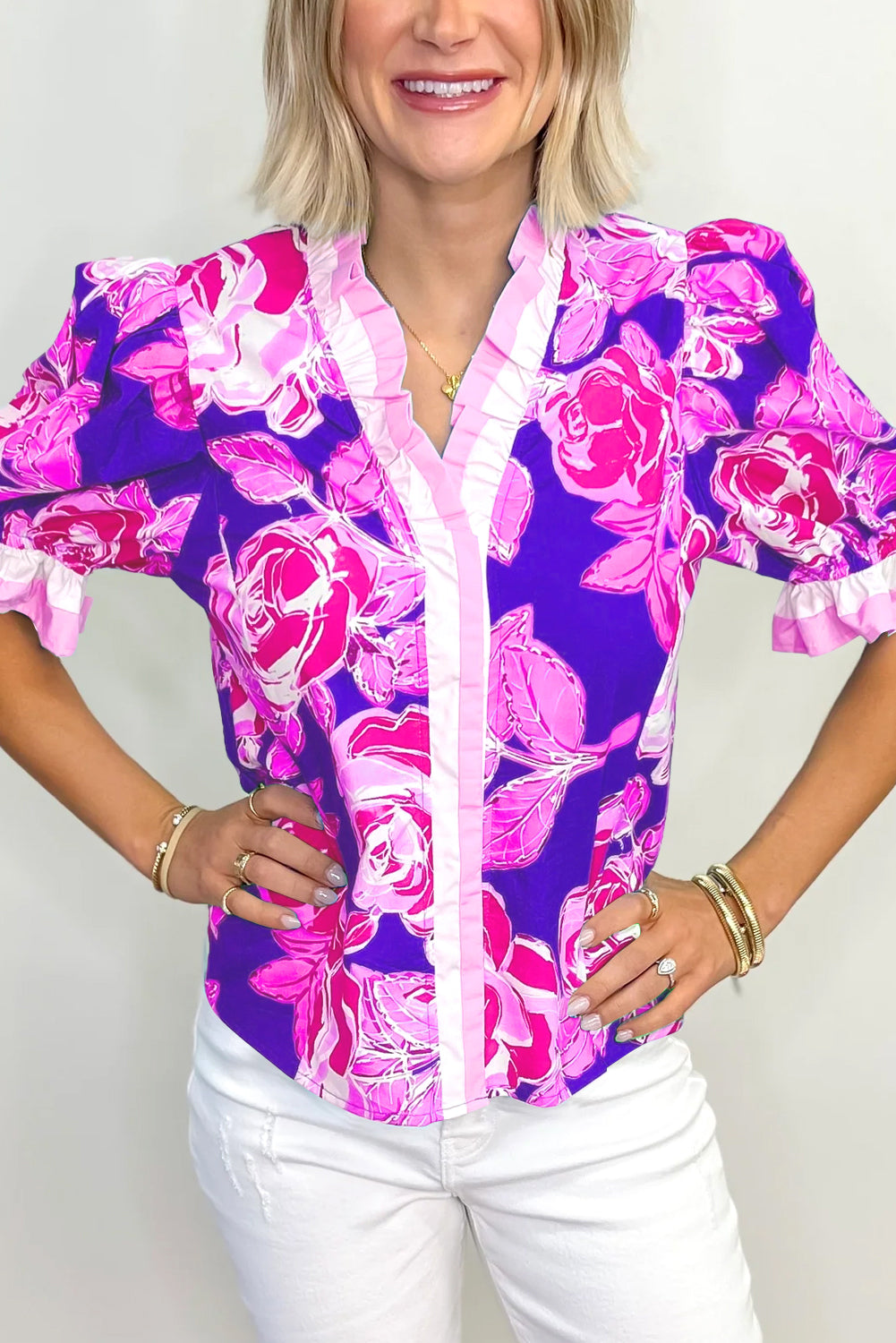 Sachet Pink Floral Print Ruffle Puff Sleeve Pop of Color Neckline Blouse