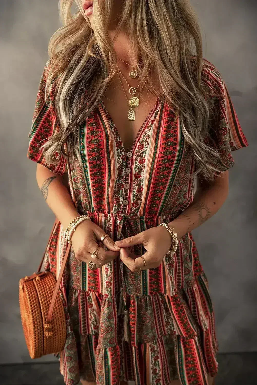 Red Bohemian Floral Print Buttoned V Neck Ruffle Tiered Dress - Femstylo