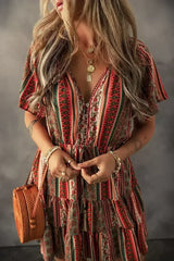 Red Bohemian Floral Print Buttoned V Neck Ruffle Tiered Dress - Femstylo