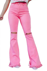 Pink Vintage High Waist Flare Leg Ripped Raw Hem Jeans - Femstylo