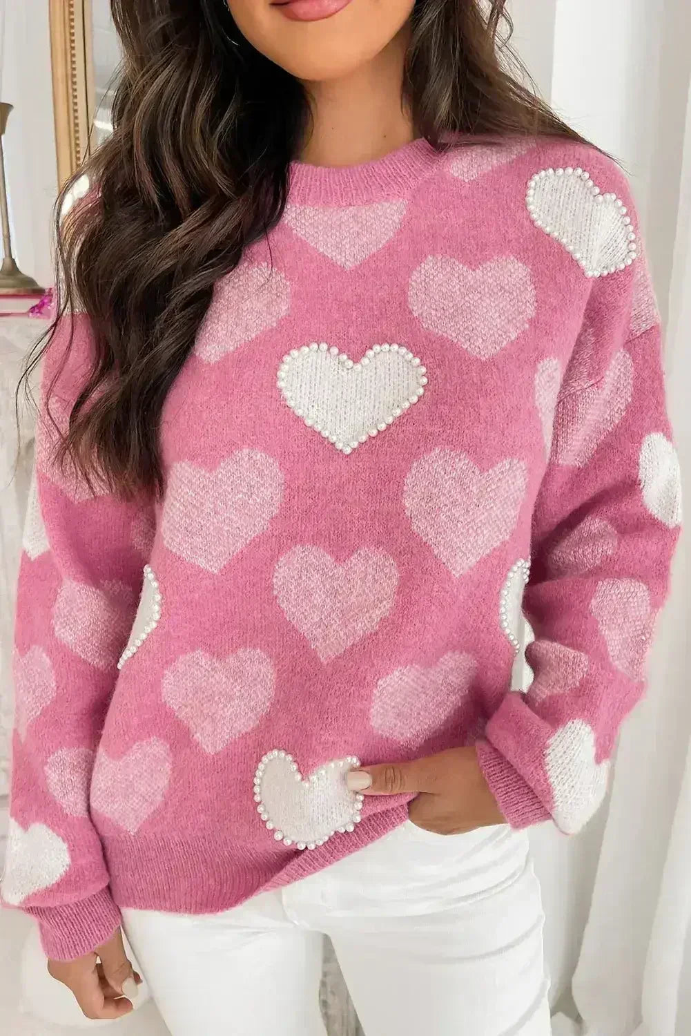 Pink Pearl Heart Print Valentines Crew Neck Sweater - Femstylo