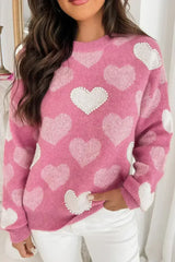 Pink Pearl Heart Print Valentines Crew Neck Sweater - Femstylo