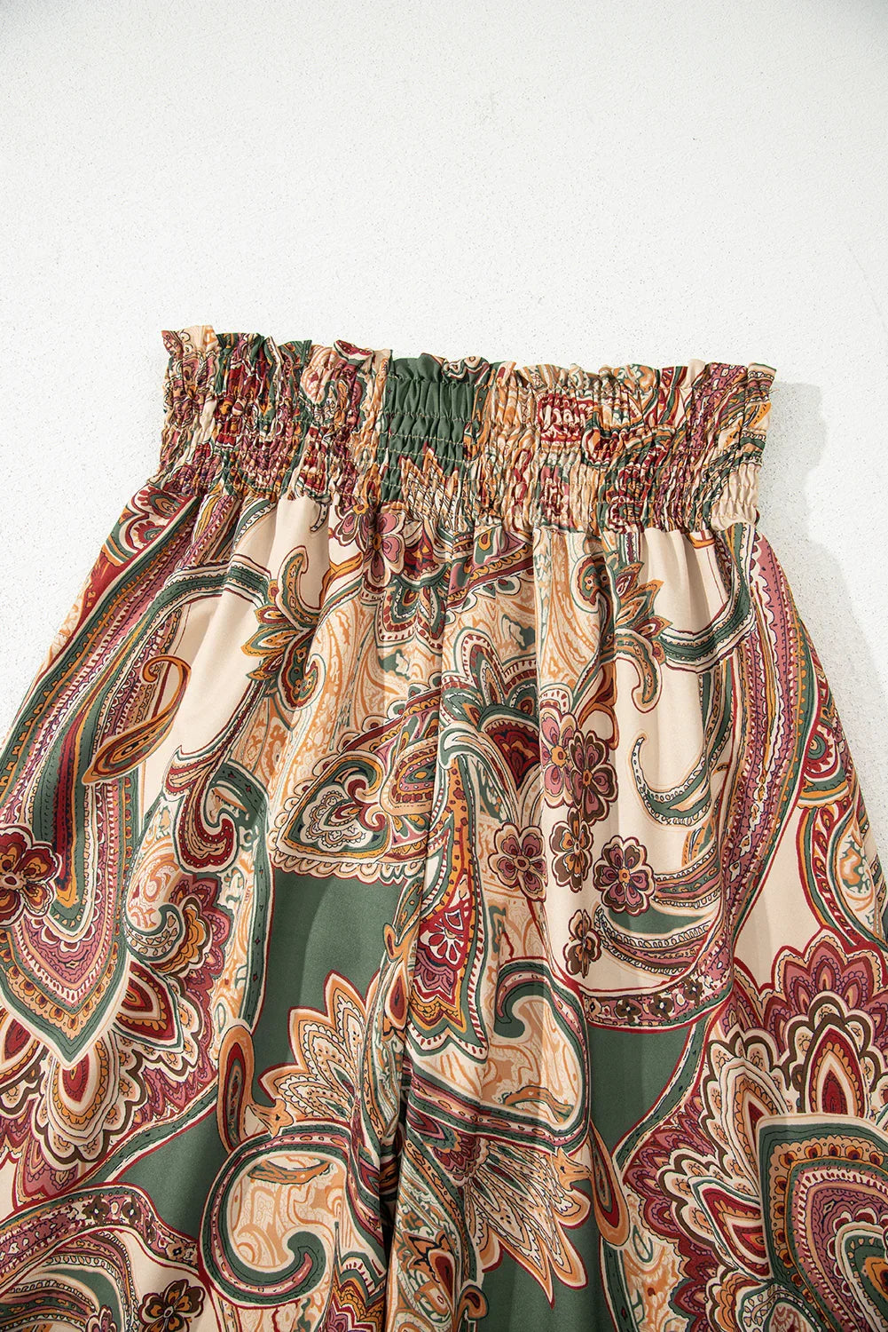 Khaki Paisley Print Boho Elastic Waist Wide Leg Pants