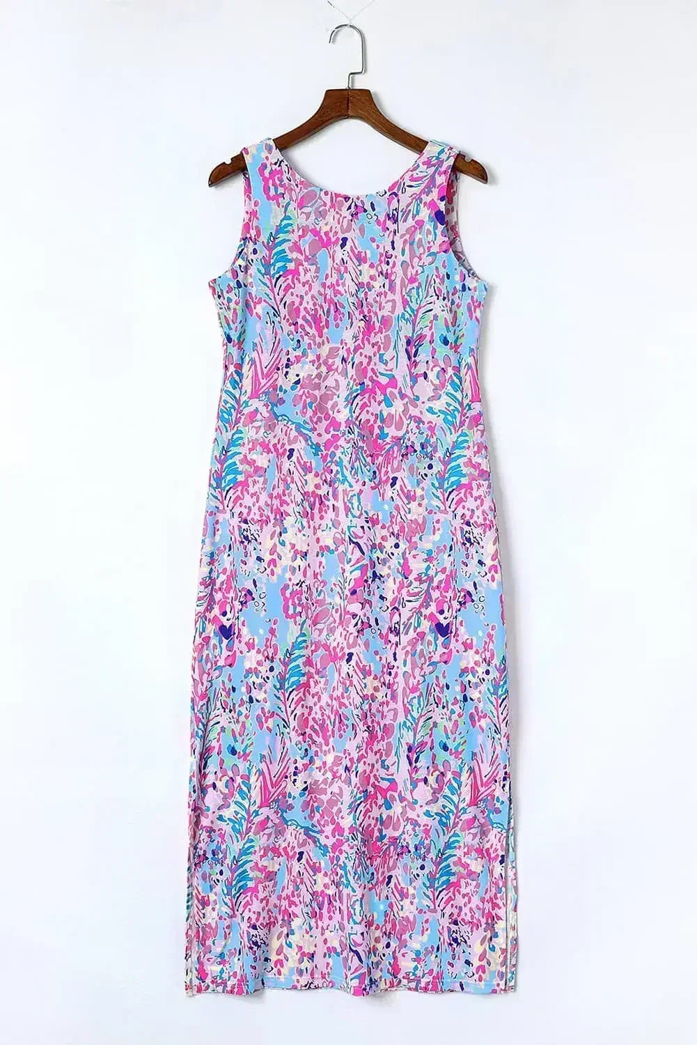 Purple Abstract Print Side Splits Round Neck Sleeveless Maxi Dress - Femstylo