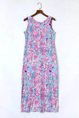 Purple Abstract Print Side Splits Round Neck Sleeveless Maxi Dress - Femstylo