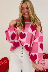 Pink Love Heart Checkered Valentine Knit Sweater - Femstylo