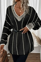 Black Contrast V Neck Loose Tunic Sweater - Femstylo