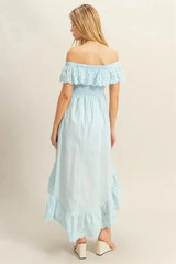 HYFVE Eyelet Off-Shoulder Dress – High-Low Ruffled Hem