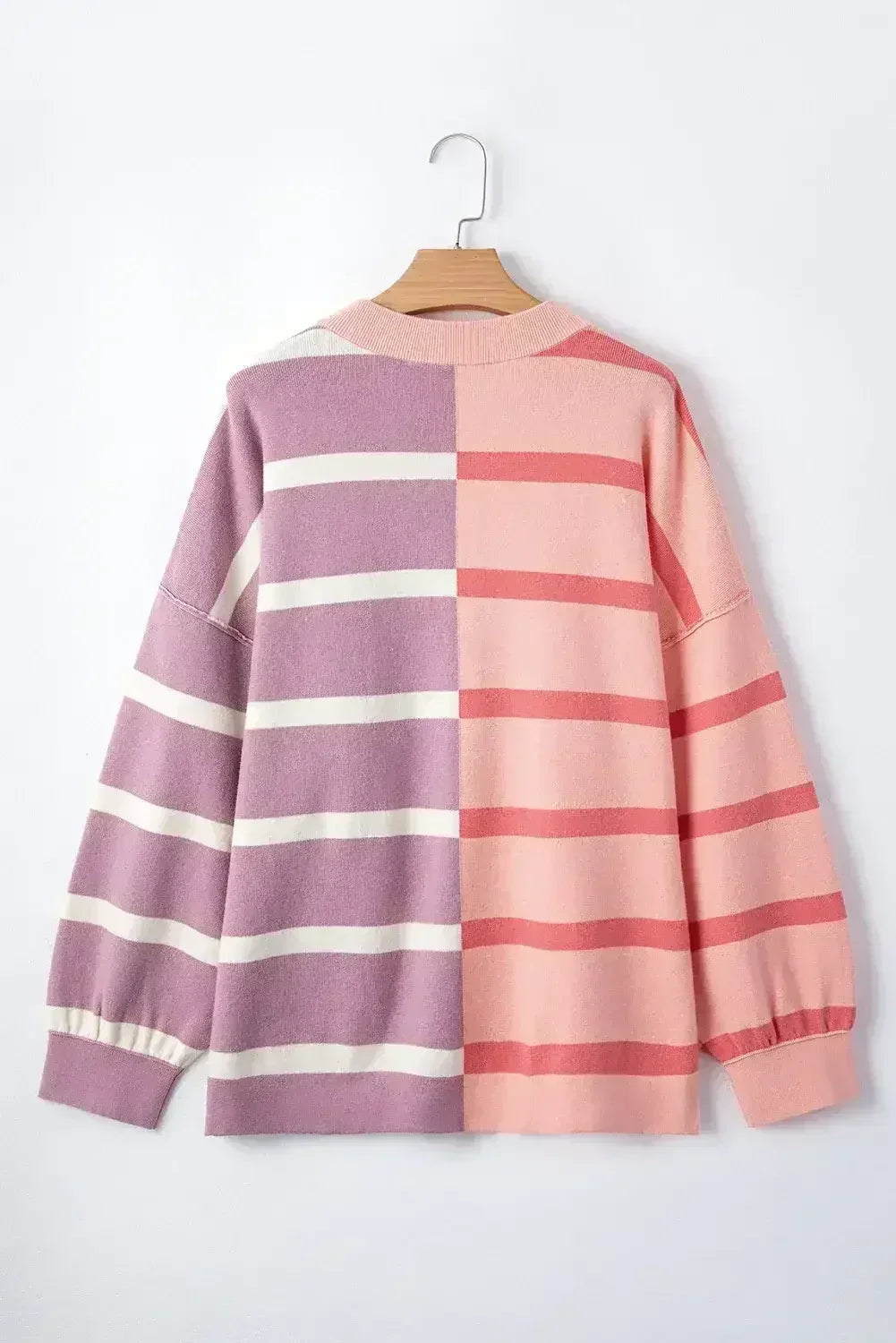 Pink Striped Patchwork Drop Shoulder Sweater - Femstylo