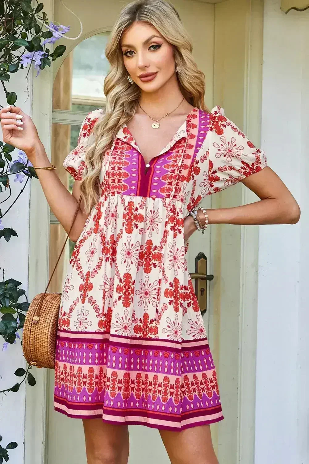 Rose Boho Floral Short Sleeve Tie V Neck Mini Dress - Femstylo