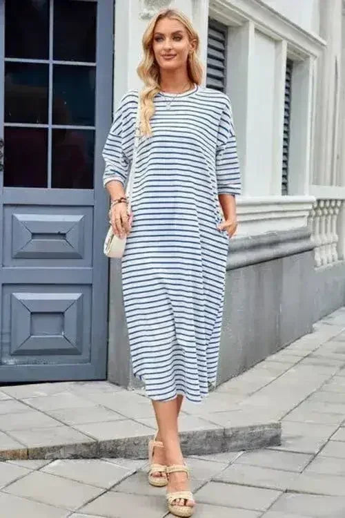 Lovelet Contrast Striped Half Sleeve Midi Tee Dress - Femstylo