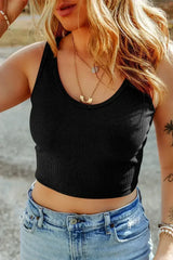 Black Solid Color Ribbed Knit Crop Tank Top - Femstylo