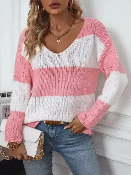 Color Block V-Neck Long Sleeve Sweater - Femstylo