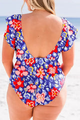Blue Floral Print Ruffled V Neck High Waist One Piece Swimwear - Femstylo