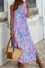 Purple Abstract Print Side Splits Round Neck Sleeveless Maxi Dress - Femstylo
