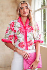 Rose Floral Print Ruffle Puff Sleeve Pop of Color Neckline Blouse
