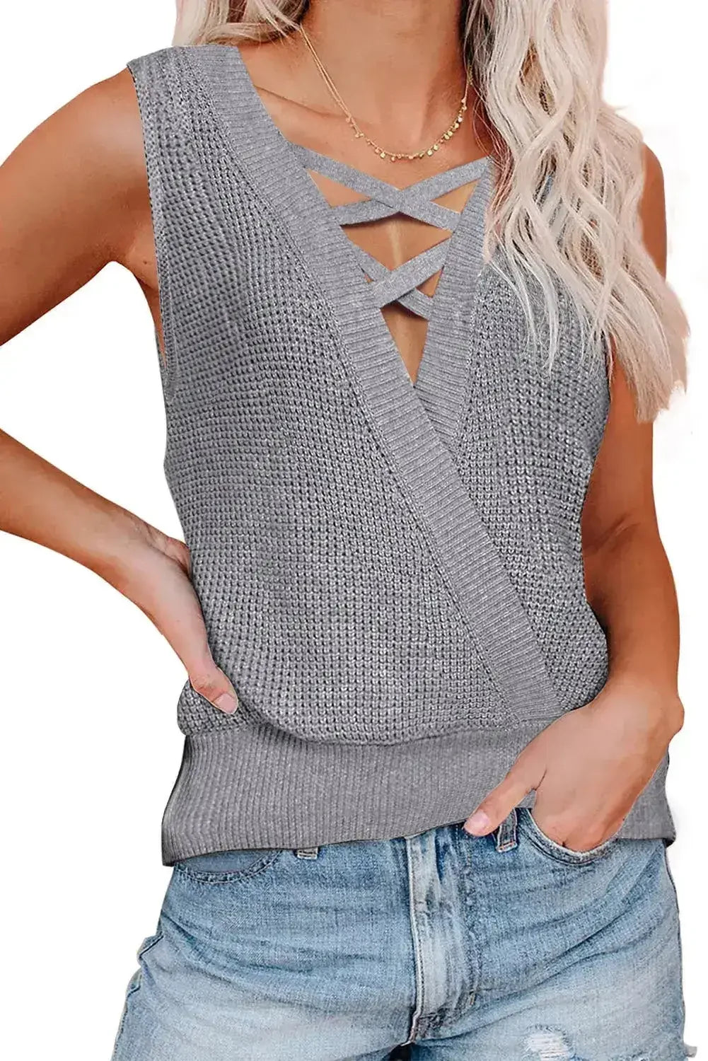 Gray Crisscross Hollow-out Knit Tank Top - Femstylo