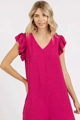 Mittoshop V-Neck Ruffled Cap Sleeve Jumpsuit - Wide Leg Design - Femstylo