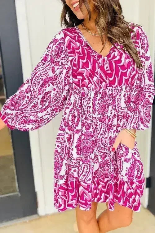 Green Bohemian Print Puff Sleeve Tied V Neck Flared Mini Dress - Femstylo