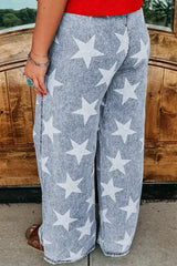 Light Blue Star Print Light Wash Drawstring High Waist Wide Leg Jeans - Femstylo