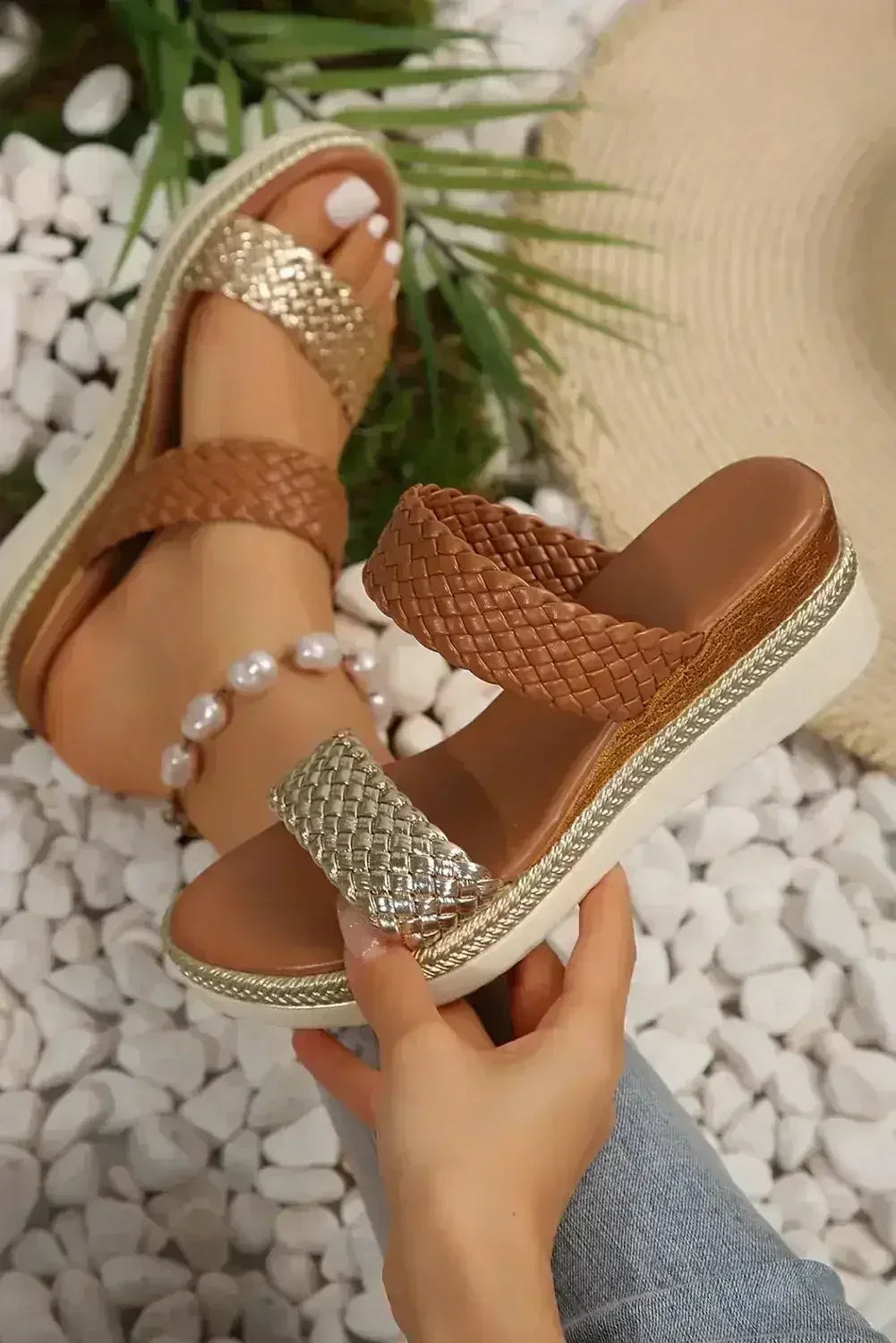 Gold Woven Two Band Color Block Wedge Slippers - Femstylo