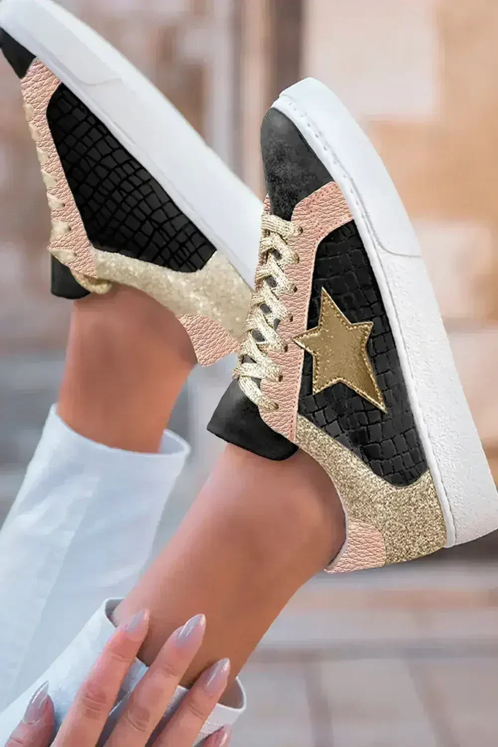 Gold Glitter Star Patchwork PU Leather Lace-up Sneakers - Femstylo
