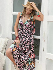 Printed Plunge Midi Dress | Sleeveless Tied Waist | Polyester - Femstylo