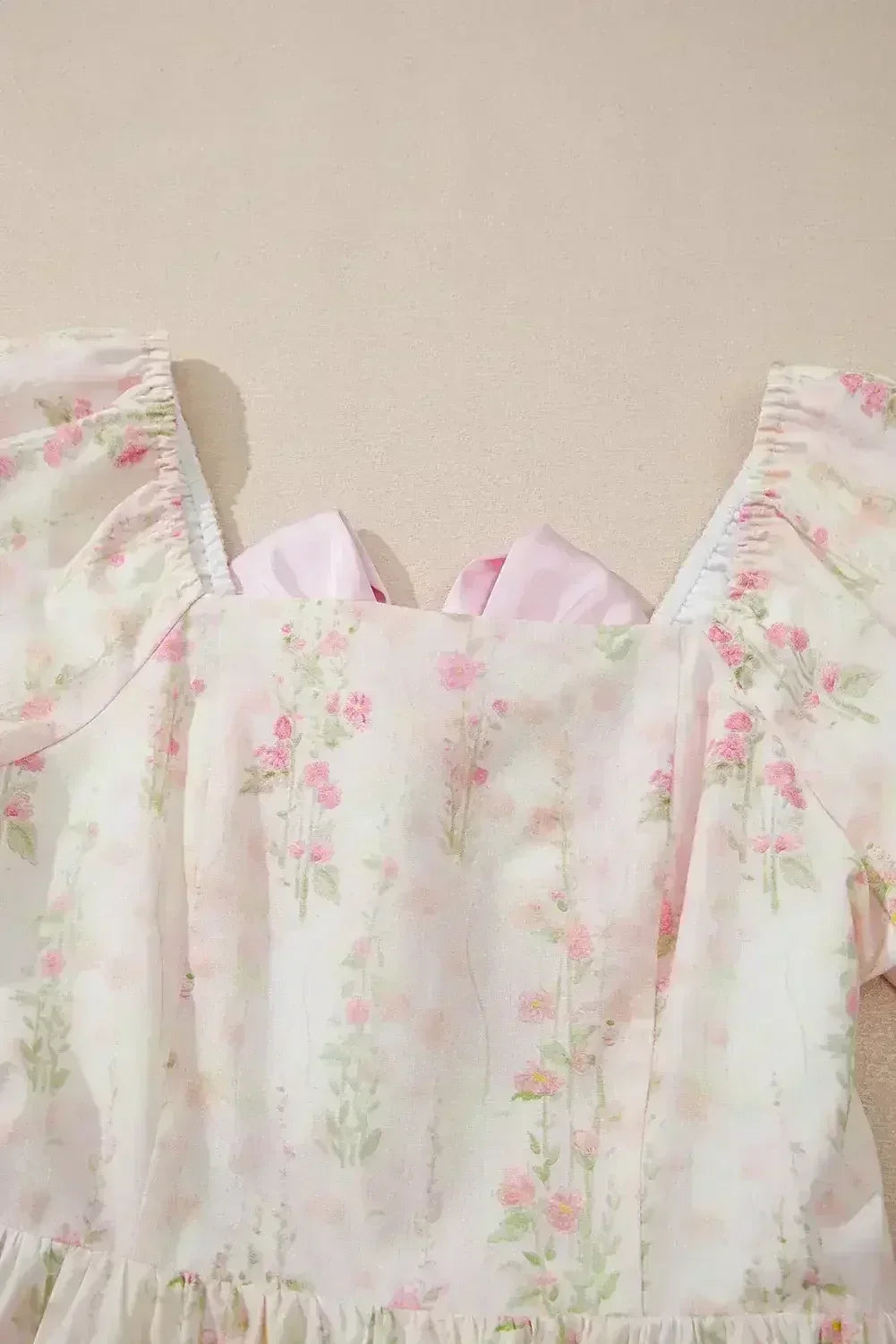 Pink Floral Puff Sleeve Square Neck Knotted Backless Ruffle Mini Dress - Femstylo