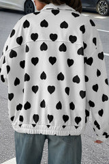 White Zipper Heart Print Collared Jacket