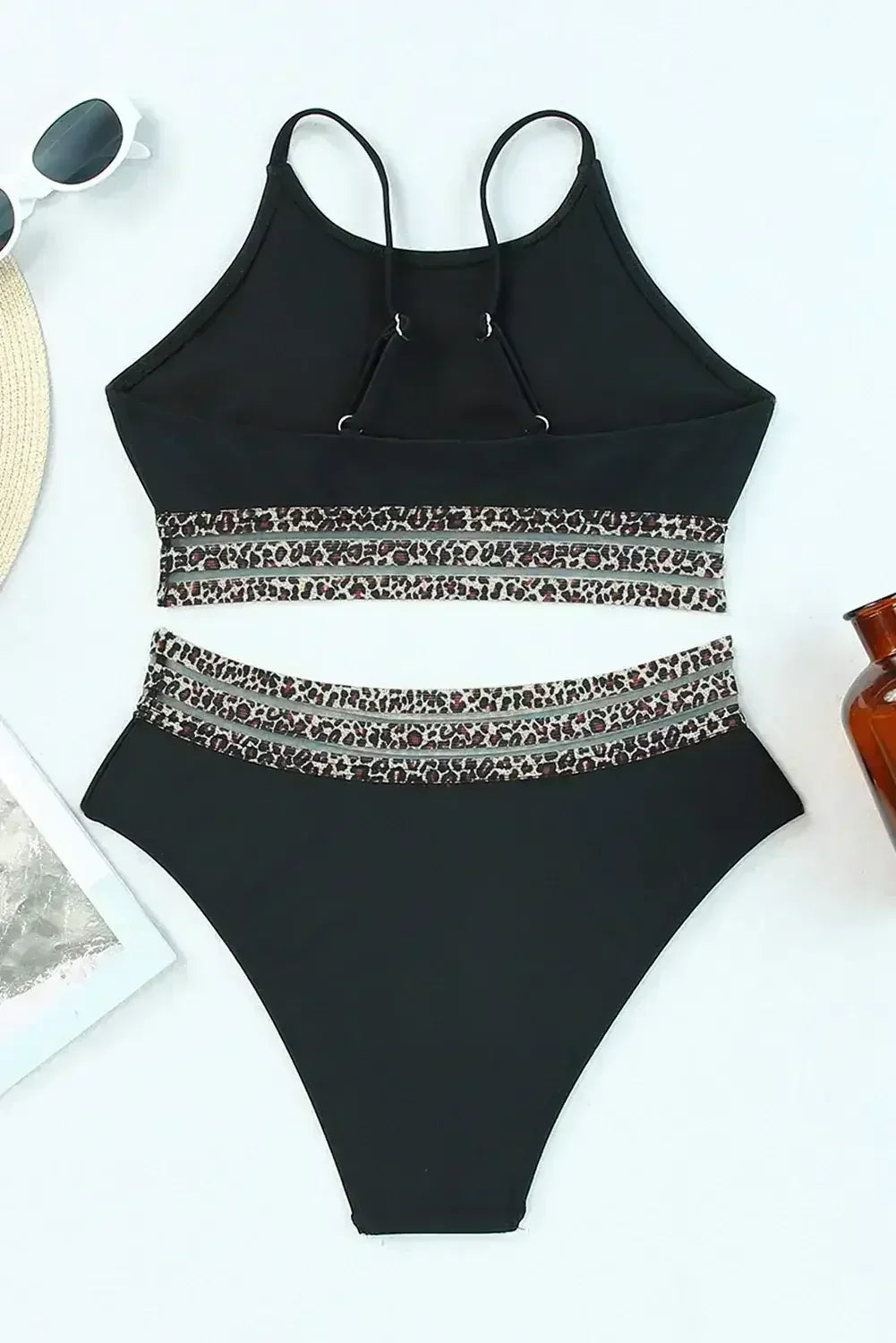 Rose Leopard Print Spaghetti Strap Padded Wireless Two Piece Swimsuit - Femstylo