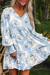 Sky Blue Floral Print Tie Neck Long Sleeve Flowy Mini Dress
