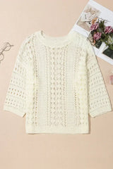 White Hollow Out Knit Bracelet Sleeve Drop Shoulder Sweater - Femstylo