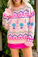 Multicolour Ethnic Christmas Pattern Knit Feather Cuffed Sweater