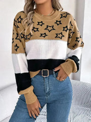Star Contrast Round Neck Sweater - Femstylo