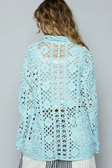 POL Crochet Button Up Cardigan with Chest Patch Pockets - Femstylo