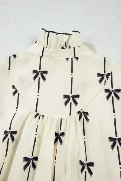 Frill Bow Print Notched Short Sleeve Mini Dress - Femstylo