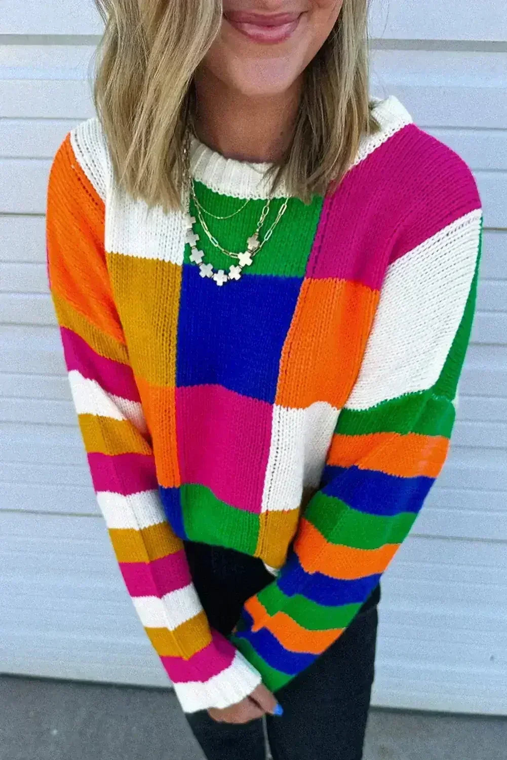Orange Checkered Color Block Round Neck Loose Sweater - Femstylo