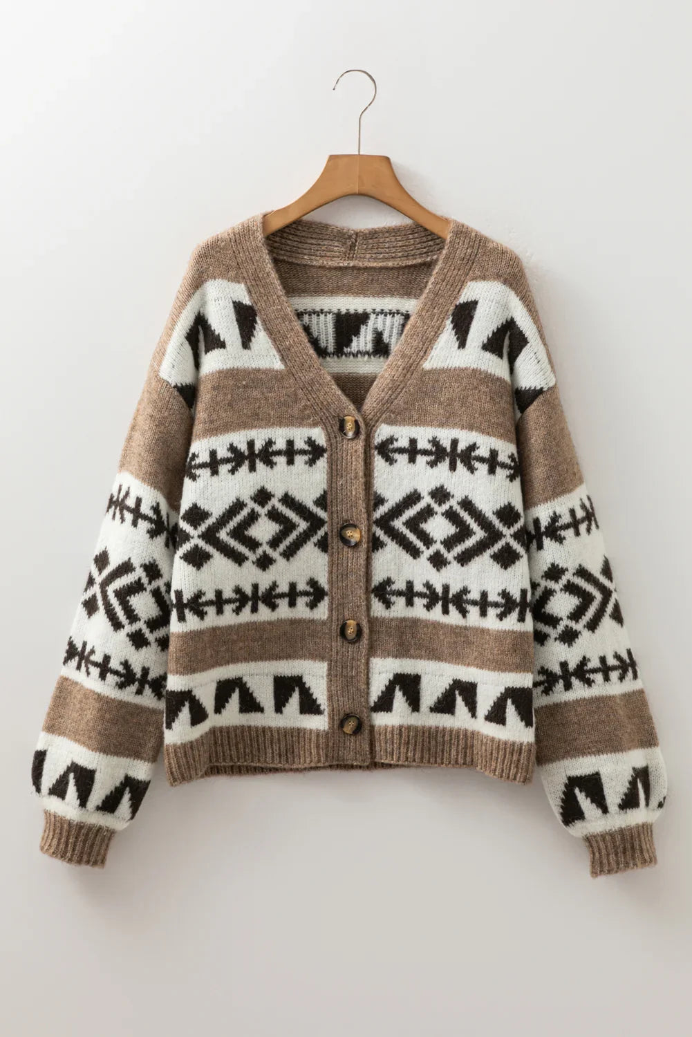 Dark Khaki Ethnic Geometric Pattern Button Front V Neck Cardigan