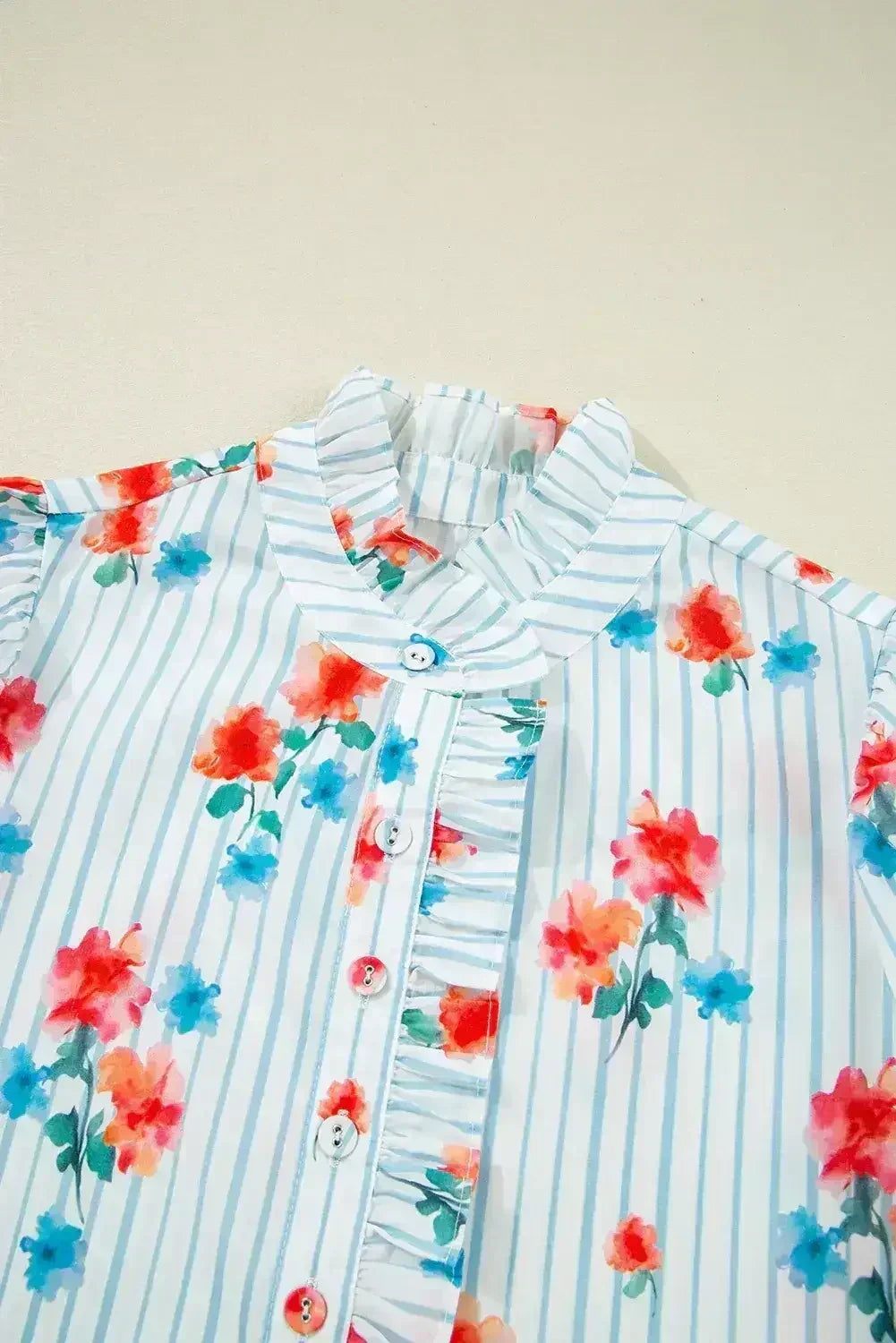 Sky Blue Striped Floral Print Ruffle Belted Mini Dress - Femstylo