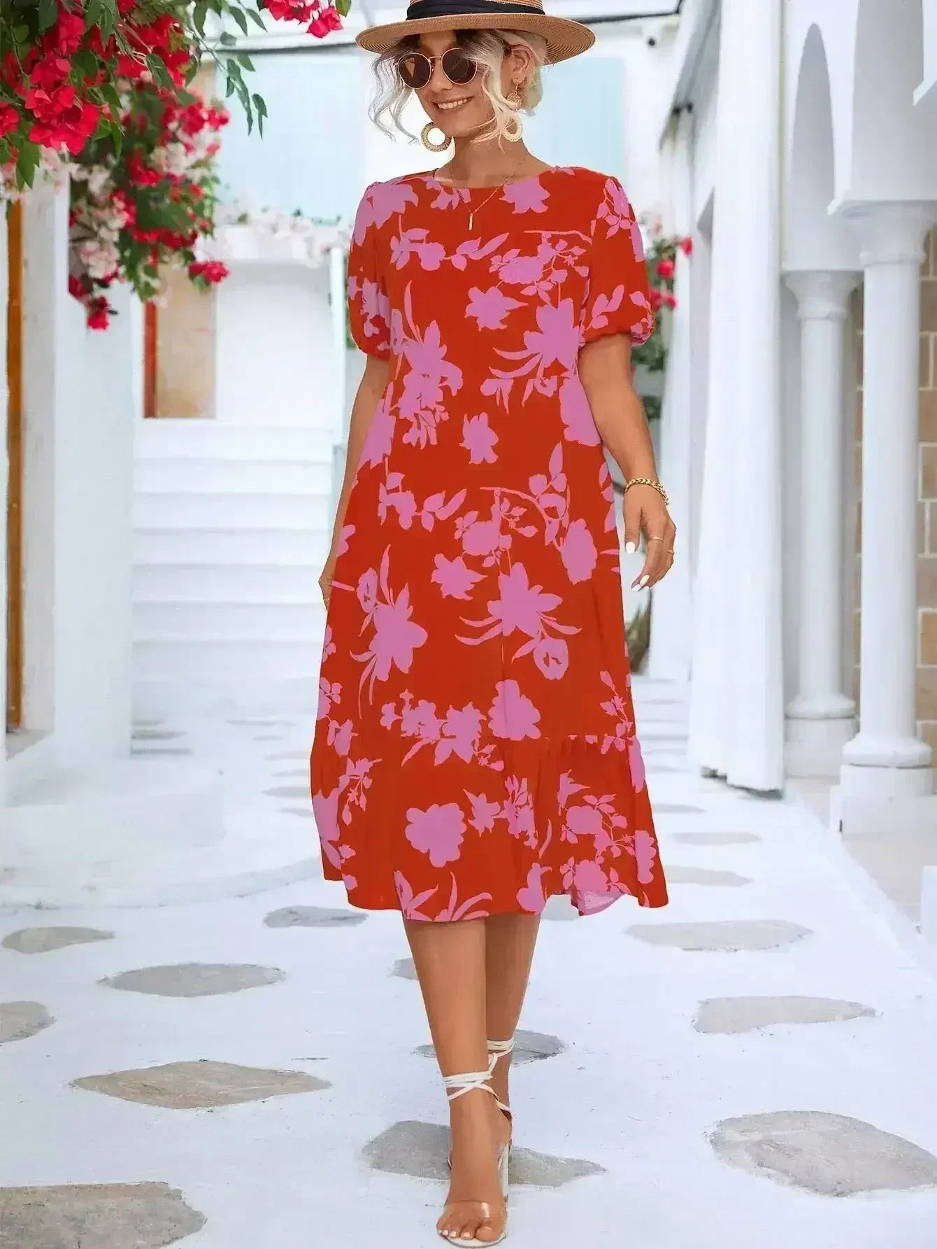 Floral Puff Sleeve Ruffle Hem Midi Dress - Femstylo