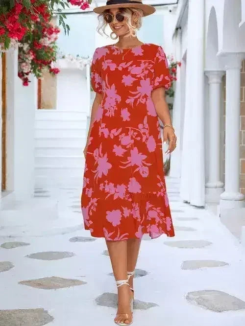 Floral Puff Sleeve Ruffle Hem Midi Dress - Femstylo