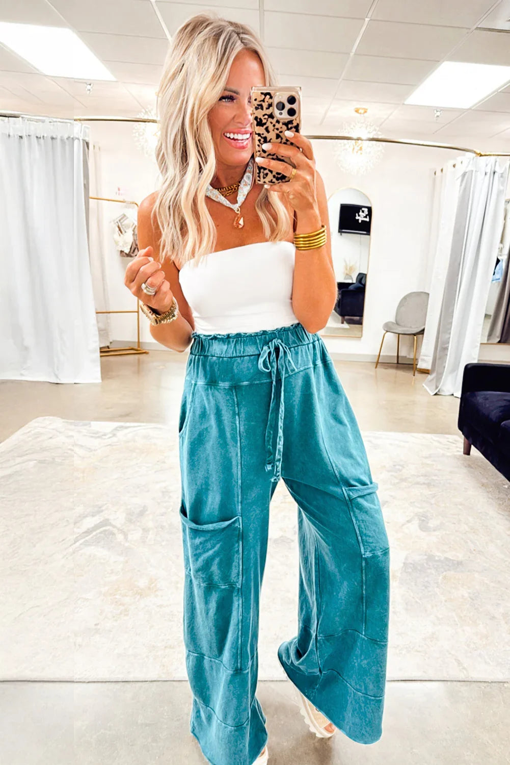 Lapis Mineral Wash Knot High Waist Raw Hem Pants