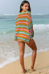 Purple Striped Hollow Knit Summer Beach Cover Up - Femstylo