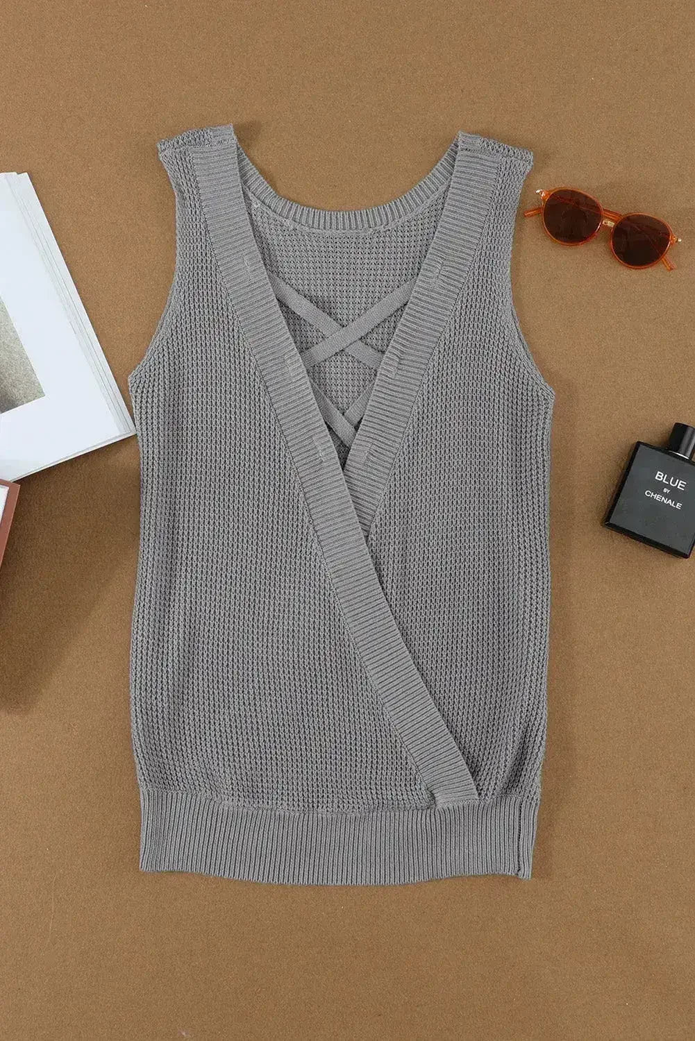 Gray Crisscross Hollow-out Knit Tank Top - Femstylo
