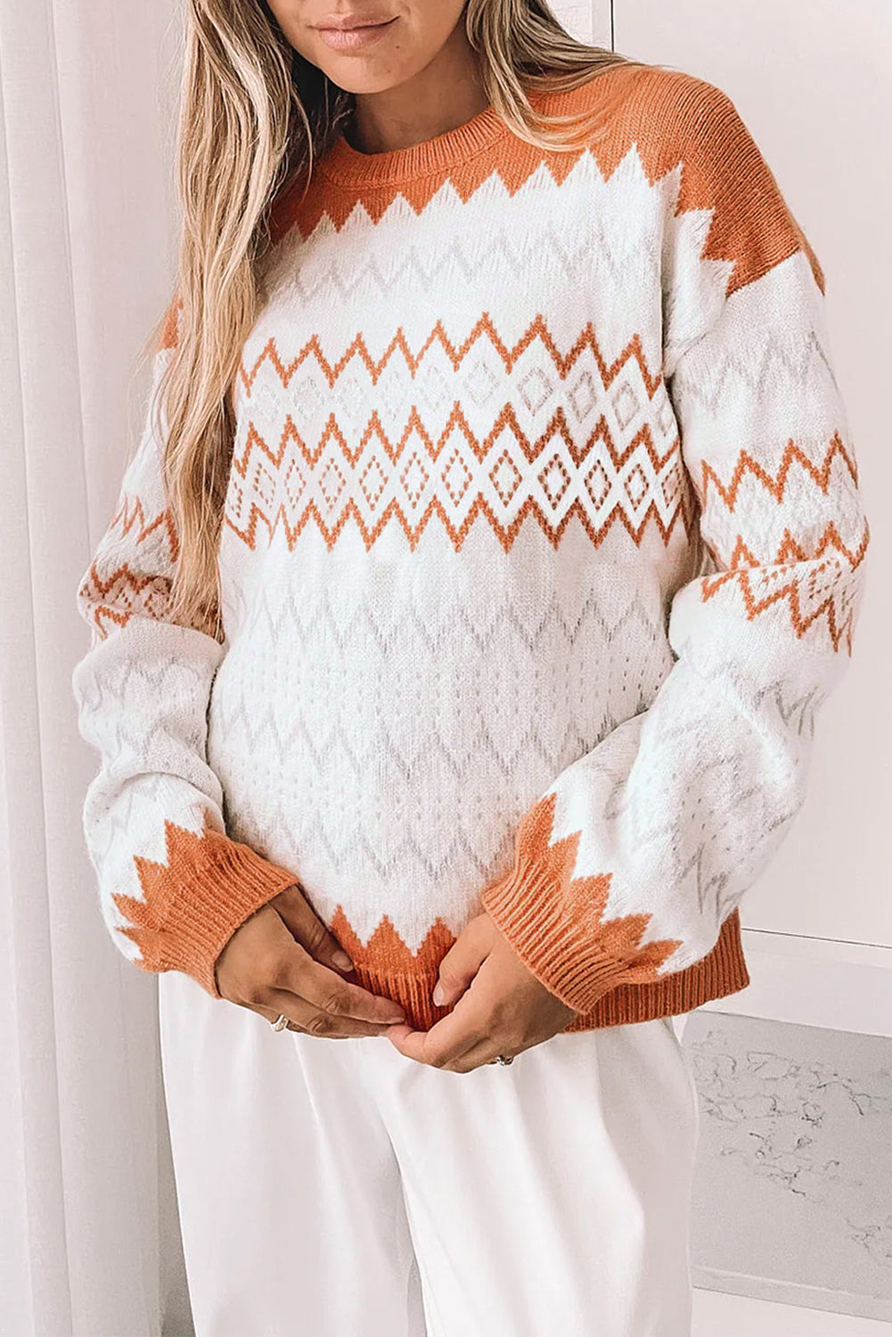 Khaki Zigzag Geometric Pattern Knitted Pullover Sweater - Femstylo