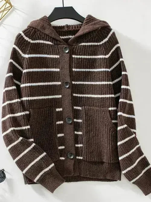 Striped Button Up Long Sleeve Hooded Cardigan - Femstylo