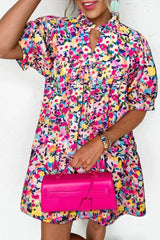 Pink Floral Puff Short Sleeve V Neck Mini Dress - Femstylo