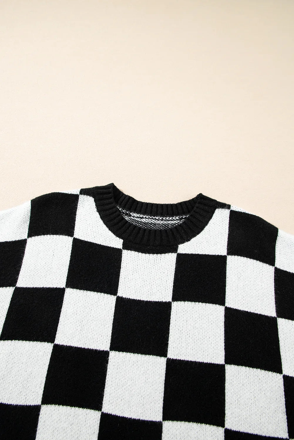Light French Beige Checkered Knit Dolman Short Sleeve Sweater